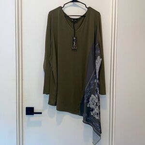 DG2 by Diane Gilman green multimedia long sleeve asymetrical scarf print blouse